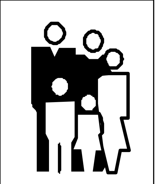 The black and white silhouette of a family standing together with an adult figure behind them on what appears to be a signpost-like structure in front of which there is another person partially visible from backside, suggesting this might represent some form of public information or directional display.