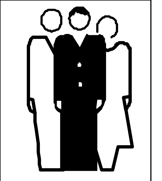The black and white silhouette of three figures standing close together with a person on each side facing forward towards another figure who is turned to face them from behind; all appear as stick people without detailing their features, set against an untextured background that does not provide additional context or setting information.