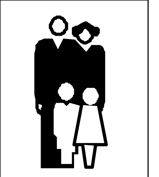 The image shows a black silhouette of three figures: an adult standing to the left with two children on either side in front; all appear to be facing forward towards something outside the frame.