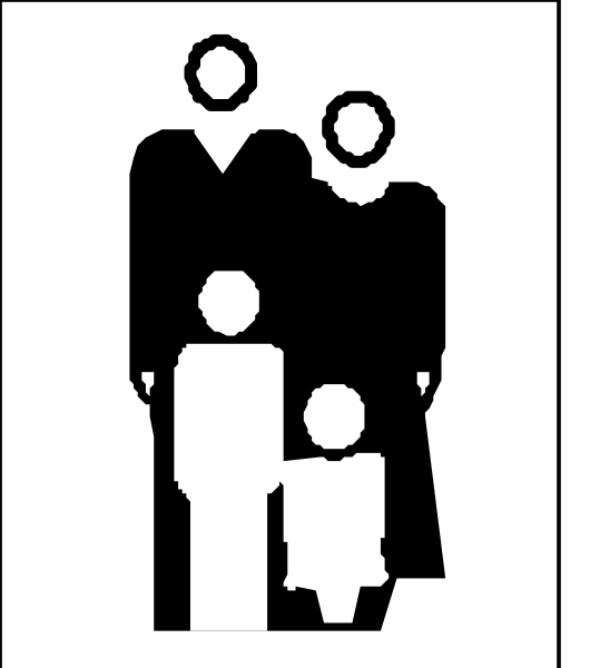 The black and white silhouette of a family standing together with an adult figure on each side holding hands above their heads in front of them.