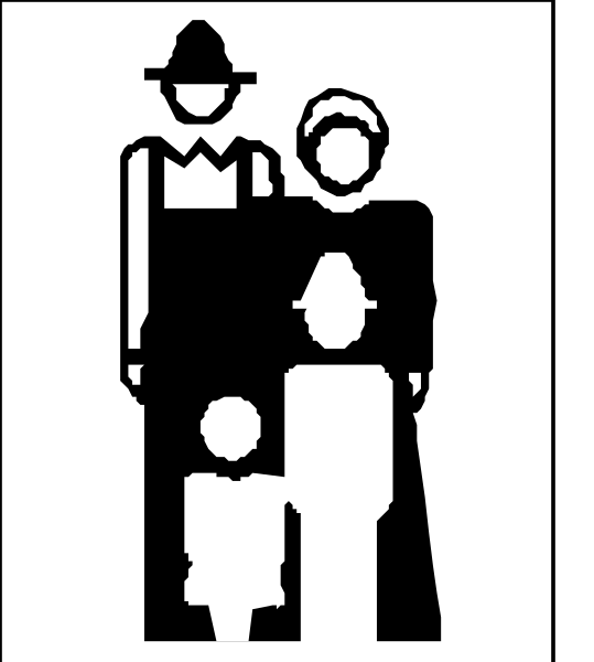 The black and white silhouette of a family standing together with an adult figure behind them on what appears to be a signpost-like structure in front of two other figures that could represent adults as well.