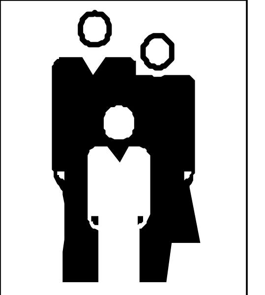 The black and white silhouette of three figures standing close together with a speech bubble above them containing two heads facing each other in profile view.