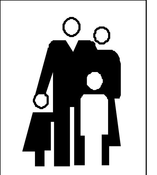 The black and white silhouette of a family standing together with an adult holding two children's hands on either side in front of them; all figures appear to be facing forward towards something unseen outside this image, suggesting movement or directionality.