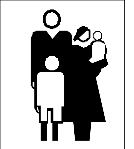 The black and white silhouette of a family walking together on an outdoor pathway with two adults holding hands around children's shoulders; one adult is carrying another child in their arms while looking back at them, suggesting care for safety during travel.