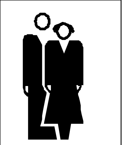 The black and white silhouette of two figures standing side by side with a handbag between them on what appears to be an escalator in front of a sign that reads "UP".