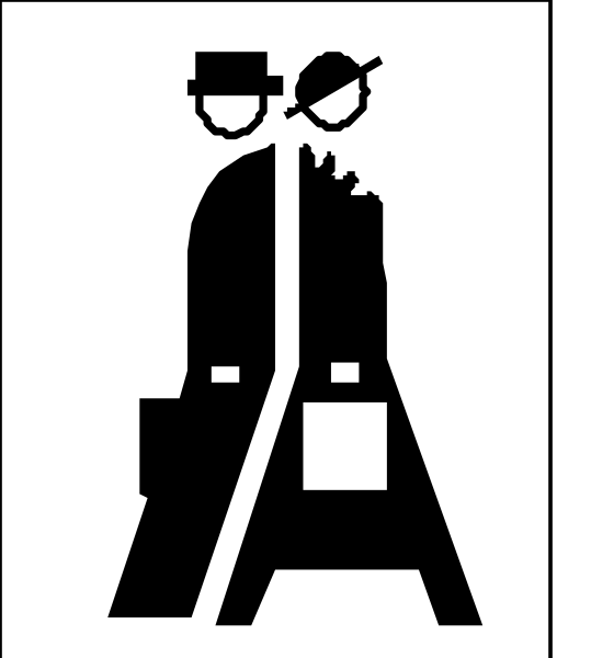 The black and white silhouette of a person standing next to an iconic symbol for public transportation: a subway car with two doors open on either side.