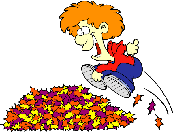The cartoon shows a character with red hair who appears to be excitedly jumping over colorful leaves on what looks like an autumn day.