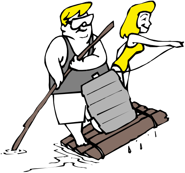 The cartoon shows a man pushing an object on wheels while being pulled by another person who is riding it like a sled; both characters appear to be in motion with one hand holding onto something that looks like luggage, and there's no text present.