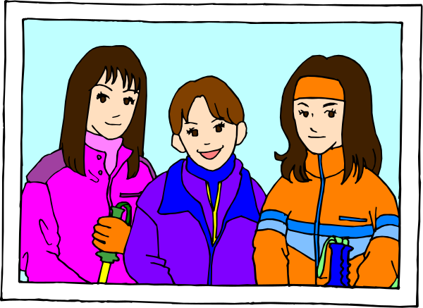 The cartoon shows three children standing together with a window frame around them; each child is wearing different colored jackets: blue for one on left, pink for middle, orange for rightmost. They all have smiles and appear to be posing for picture in front of what looks like an indoor setting possibly their home or school given the presence of bookshelves behind them with various items such as a book, cup, bottle, remote control, vase, clock on wall, potted plant, window blinds.