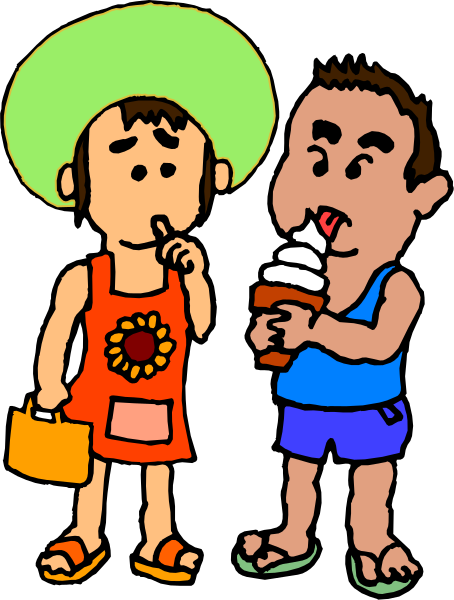 The cartoon shows a man with sunglasses holding an ice cream cone next to another person who is eating from it while both stand in front of each other; there's no text present on this image.