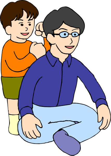 The cartoon shows a man sitting on his knees with an adult standing behind him; both characters appear to be engaged in conversation while looking at each other.