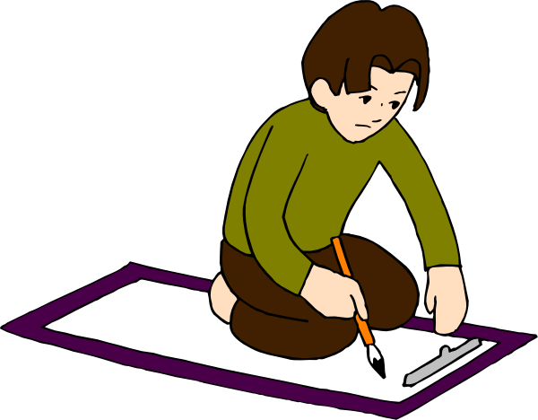 The cartoon shows a person sitting on an open book with their head resting on it while holding a pencil over some paper; another figure is standing next to them writing in a notebook using a pen.