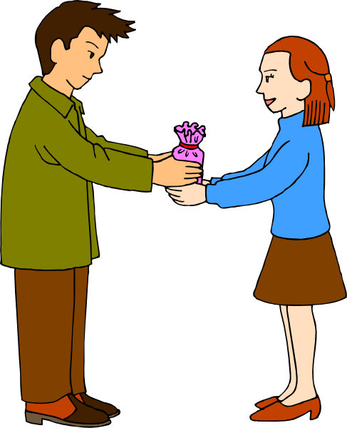 The illustration shows a man handing something to a woman who appears surprised; both characters have distinct hairstyles: he has short hair while she wears her red ponytail up in a bun, and their clothing is casual with no distinctive features or patterns that stand out from the rest.