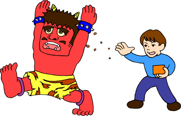 The image shows two cartoon characters: a red monster with horns on its head is throwing something at another character who appears to be in distress; both figures have exaggerated facial expressions suggesting surprise or fear.