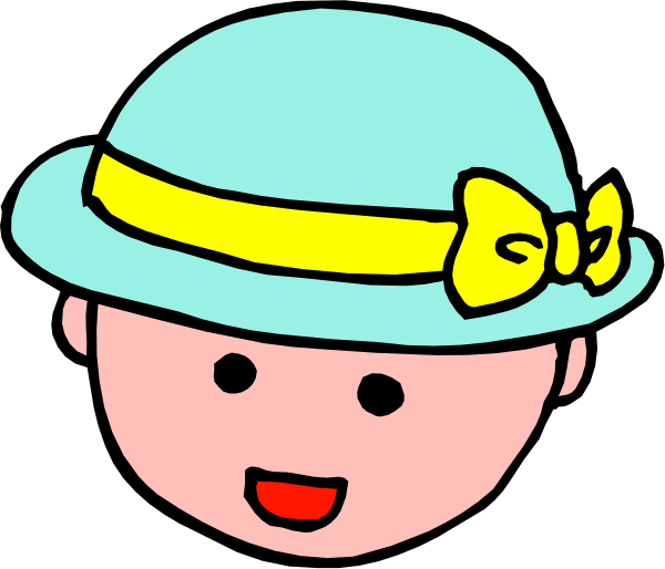 The image shows a cartoon of an animated character wearing a blue hat with yellow trim and a bow on top, smiling at something off-screen to their right side in front of them.