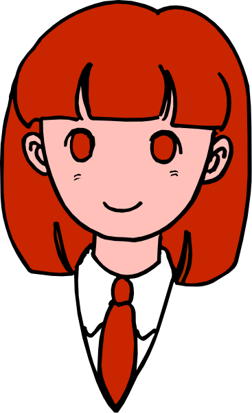 The image shows a cartoon of an animated girl with red hair wearing glasses, dressed as a schoolgirl in a white shirt and tie, standing against what appears to be a gray background that has been altered for artistic effect by adding vertical lines creating a grid-like pattern across it.