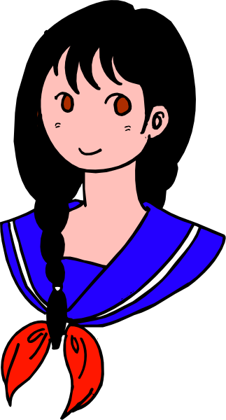 The image shows a cartoon of an anime girl with red hair tied into pigtails wearing blue school uniform clothes standing in front of what appears to be a window frame on a gray background.