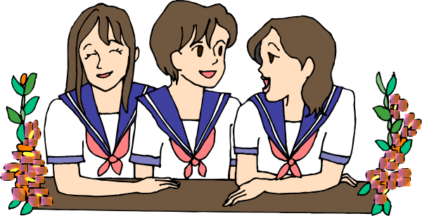 The image shows a cartoon of three girls wearing sailor uniforms with red ribbons on their chests; two have short hair while one has long hair tied in pigtails. They appear to be sitting at an indoor table, smiling and looking towards each other or slightly away from the viewer. Behind them is a floral arrangement that includes orange flowers. The background suggests they are indoors with dark walls around what seems like a window frame on their right side of the image.
