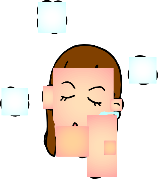 The image shows a cartoon of an animated girl with closed eyes holding what appears to be a cup near her face; she is surrounded by small blue bubbles that resemble sparkles against a dark background.