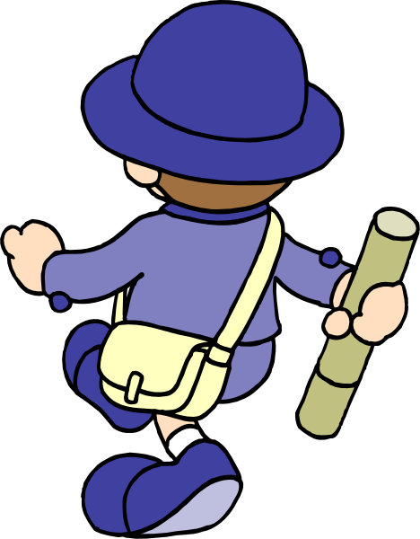 The cartoon depicts a person with an umbrella walking away from us carrying a backpack on their back while holding what appears to be a stick in one hand.