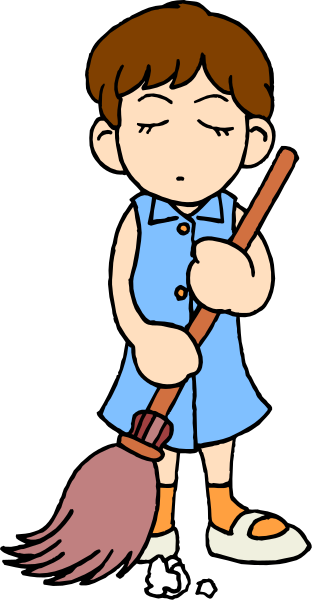 The cartoon shows a young girl with brown hair wearing an oversized blue dress holding a broom while standing on what appears to be a sidewalk next to some trash cans in front of her.