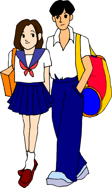 The illustration depicts a man and woman standing together with backpacks on their backs; both characters appear to be students as suggested by their attire which includes school uniforms - he is wearing shorts while she has skirts, indicating that this could possibly represent an anime or manga style drawing of two people.