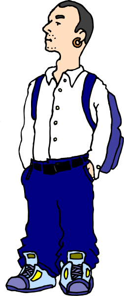 The image shows a cartoon of an adult male with dark hair standing against a plain background; he is wearing blue jeans, white sneakers, and has his hands in pockets while looking to one side.
