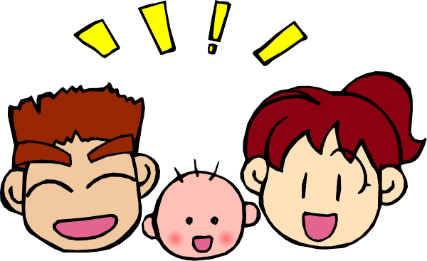 The image shows a cartoon of three animated characters with exaggerated facial expressions: two adults on either side appear surprised while an infant in between looks contented; all have red hair.