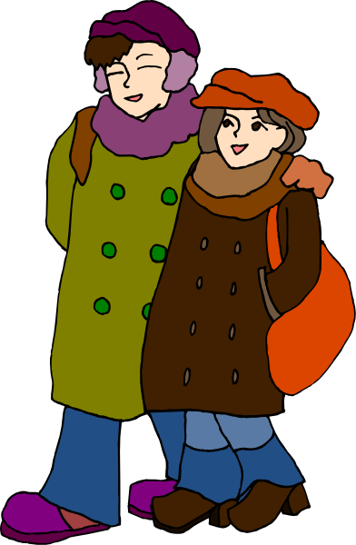 The illustration shows two cartoon characters standing close to each other; both have winter clothing on with scarves around their necks. They appear happy as one character is smiling at another who seems surprised by something off-frame, possibly a camera flash from an unseen photographer capturing the moment between them in what looks like a snowy setting during daylight hours.