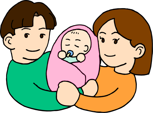 The image shows a family of four with two adults holding an infant between them while another adult is standing behind; all three appear to be smiling at something off-frame.