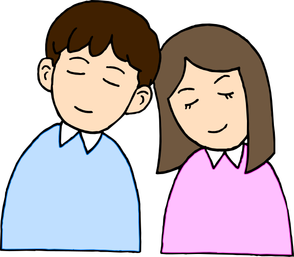 The image shows a cartoon of two children sitting side by side with their heads resting on each other's shoulders; both have closed eyes suggesting sleepiness or relaxation. They appear to be in an indoor environment, possibly at home given that there is no distinct background detail visible within this cropped section of the clip-art.