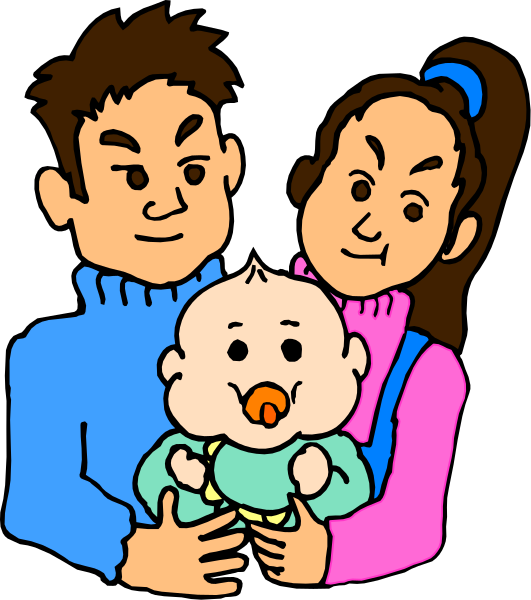 The illustration shows a family of three: an adult couple holding their baby close to them while posing for what appears to be a photo opportunity with smiles on their faces.