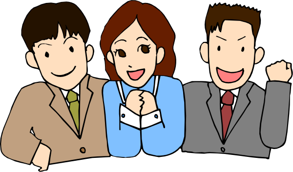 The image shows a group of four animated characters who appear to be business professionals standing together with smiles on their faces; two males in suits flanking one female character also dressed professionally between them.