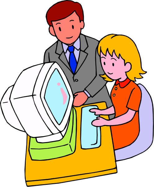 The illustration shows a man standing behind an older computer monitor with buttons on its side to represent input devices like keyboard and mouse; he is wearing a suit jacket over his shirt which has blue stripes running down it, while in front of him sits a woman who appears younger than himself, dressed casually. She seems focused or engaged with the screen displaying what looks like an email interface. The setting suggests they are inside a room that could be used for work due to its simple and functional design; there is no text present within this image.