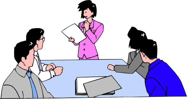 The image shows a group of four animated characters sitting around an oval table with papers on it; two individuals appear to be engaged in conversation while another is looking at documents, all set against a dark background that suggests an office environment.