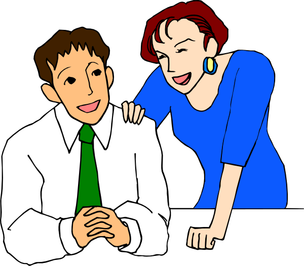 The image shows a cartoon of two animated characters sitting at a table; on their left is an adult male with glasses wearing a green tie, leaning forward slightly towards another character who appears to be female based on her hairstyle and earrings. They both have exaggerated facial expressions suggesting they are engaged in conversation or sharing something amusing. The background of the image features what looks like a dark room setting without any distinct details that provide context about their location beyond being indoors, possibly at an event given by the presence of tables with chairs around them and other people partially visible behind the main
