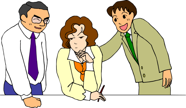 The cartoon shows a group of three animated characters: two men standing on either side with their backs to each other facing towards an unseen person who is sitting at a desk writing something down while being patted by one man and gesturing back in response, all set against a simple background that suggests they are indoors.