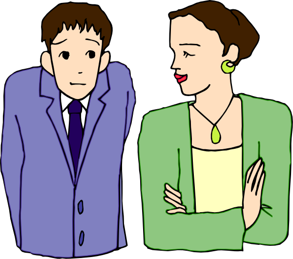 The image shows a cartoon of three characters standing side by side: two adults dressed formally with ties and suits, flanked on one end by an adult in casual attire wearing earrings; all appear to be engaged in conversation while looking towards each other's left.