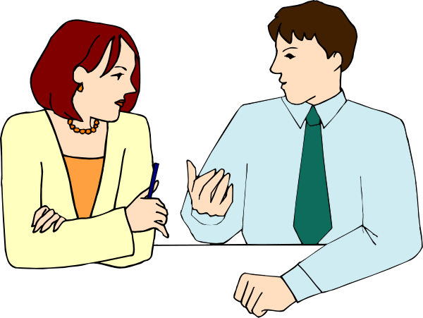 The image shows a cartoon of three animated characters sitting at a table with pens on it; two adults appear to be engaged in conversation while one is listening attentively.