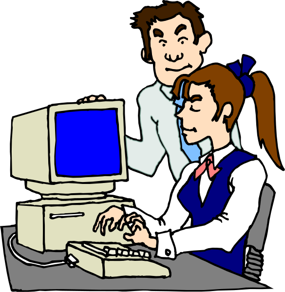 The comic strip shows a man standing behind two women at desks; on the left side of frame 1 is an older woman with glasses looking downward while holding her chin in thoughtful contemplation next to another younger female who appears surprised and looks upwards, both seated near desktop computers that are turned off. In frames 2-3, a man stands behind them again but now seems more focused on the young lady's computer screen as she types with concentration; he is pointing at something in front of her while gesturing slightly to his left side where another person appears unaware or distract