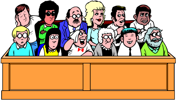 The cartoon depicts a group of animated characters sitting at desks inside what appears to be an auditorium-like room with benches on either side for spectators; there is no text present in this image, and it seems like these could represent people attending or participating in some sort of meeting.