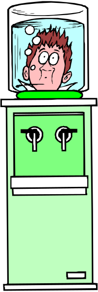 The image shows a cartoon of an aquarium with two fish inside it placed on top of what appears to be a refrigerator-like object that has buttons for controls at its base.