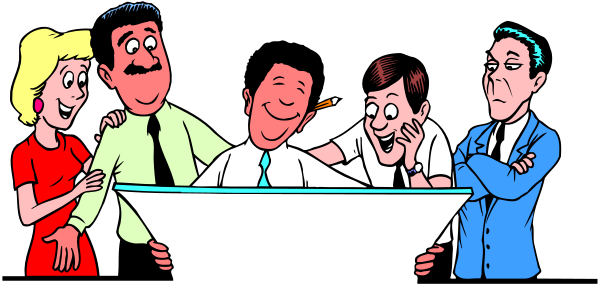 The cartoon shows a group of five animated characters standing around an office desk with their backs to each other; four appear surprised while one looks at them from behind.