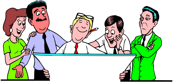 The cartoon depicts a group of five animated characters standing around an office desk with papers on it; three men wearing ties look at each other while two women in green shirts stand behind them smiling towards one another, and there's no text present.