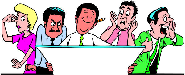 The cartoon shows a group of five animated characters sitting on benches with exaggerated expressions; from left to right: an older man in suit holding his nose as if smelling something bad, followed by three other men and women making various facial gestures like surprise or disgust, then another woman pointing at the first character.