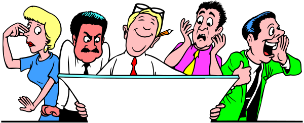 The cartoon shows a group of five animated characters sitting on benches with exaggerated facial expressions; from left to right: one character is clapping hands while smiling broadly, another has their mouth open as if shouting something, and three more have surprised looks or gestures that suggest they are reacting strongly.