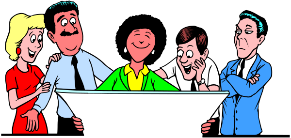 The cartoon shows a group of five animated characters standing around an oval table with their backs to each other; three men in suits on one side facing away from us towards another man who is gesturing while seated at the end, and two women behind them looking forward smilingly as if they are listening or observing.