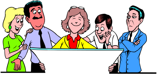 The cartoon shows a group of five animated characters standing around an office desk with papers on it; four adults appear to be engaged in conversation while one adult is looking at their phone.