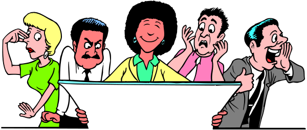 The cartoon shows a group of five animated characters with exaggerated facial expressions; three appear to be shouting while two look surprised as if reacting to something happening off-screen. They seem to be in an indoor environment, possibly at night given their attire and lighting conditions.