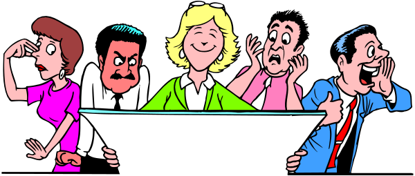 The cartoon shows a group of five animated characters sitting at desks with their mouths open as if shouting; there's no text in this image.